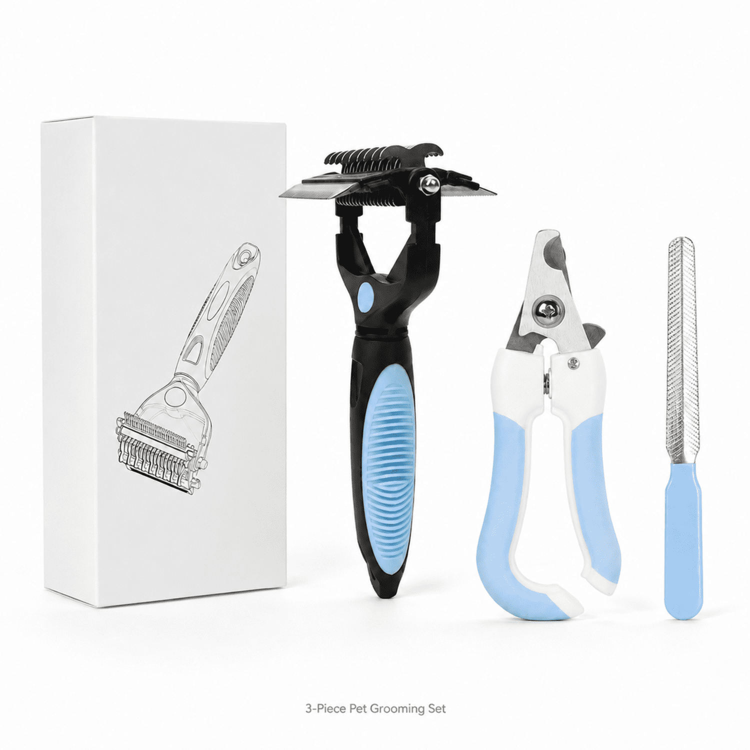 QOPR Blue 3-Piece Pet Grooming Kit 3-in-1 Dematting & Deshedding Brush with Dog Cat Nail Clipper and File Home Grooming Set