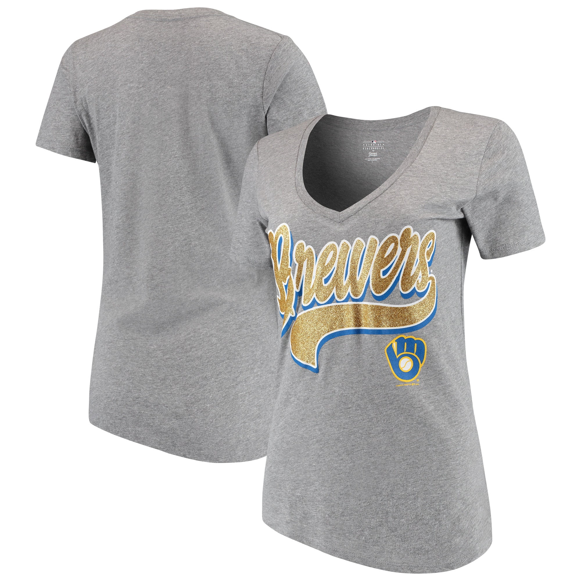 Women's New Era Heathered Gray Milwaukee Brewers Glitter Logo VNeck T