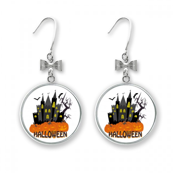 Hallowmas Scary Castle At Night Bow Earrings Drop Stud Pierced Hook