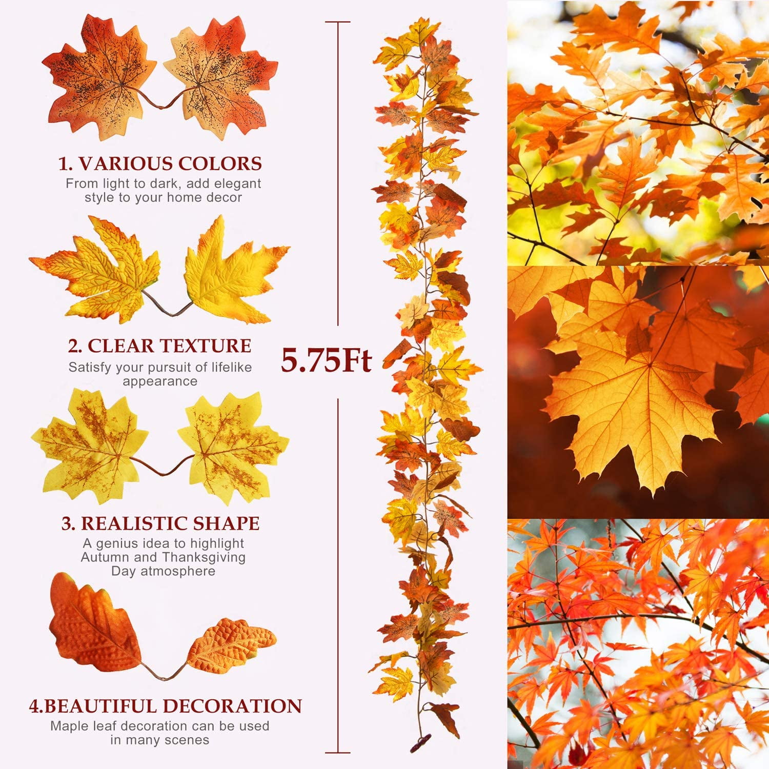 Thanksgiving 2 Pack Fall Leaf Hanging Garland Autumn Decoration Maple Leaves NEW