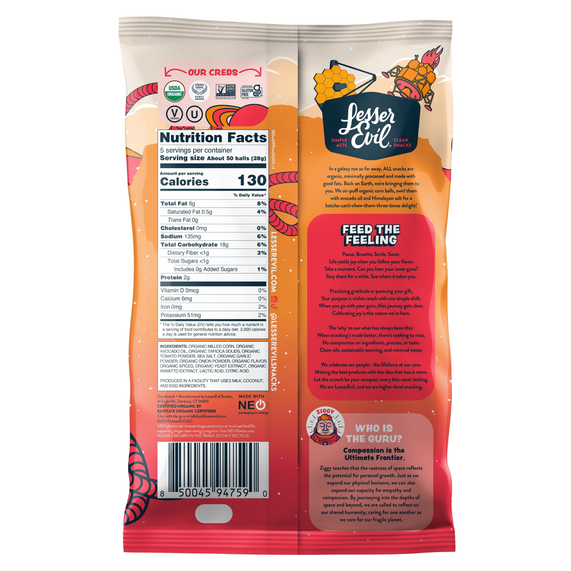 LesserEvil Organic Non-Dairy Space Balls, Pizza, 5 oz