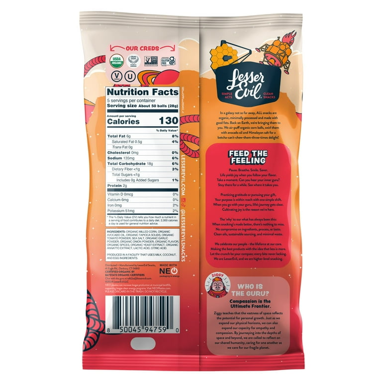 LesserEvil Organic Non-Dairy Space Balls, Pizza, 5 oz - Walmart.com