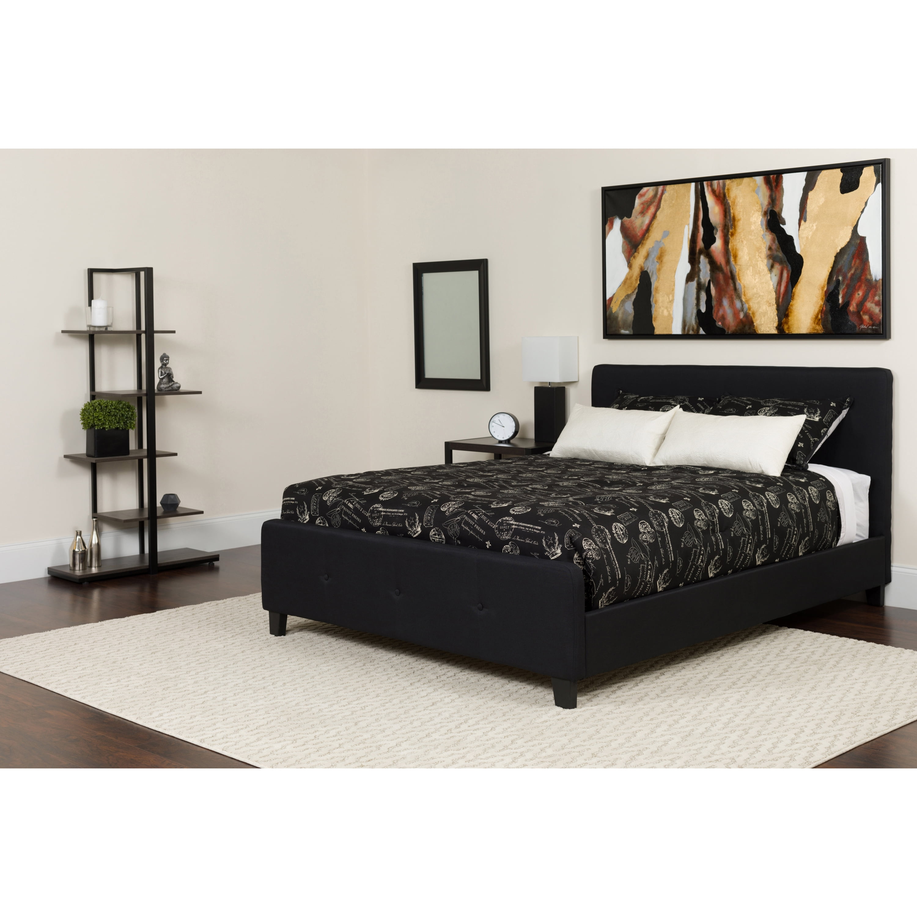 Flash Furniture Tribeca Queen Size Tufted Upholstered Platform Bed in Black Fabric with Memory Foam Mattress