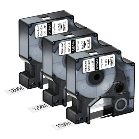 NineLeaf 3PK Compatible for DYMO 18444 1/2" x 18' (12mm x 5.5m) Black on White Industrial Vinyl Label Maker Tape for Rhino 4200 5200 Label Maker