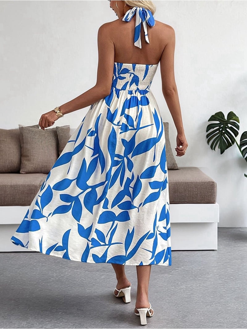 halter t shirt dress Dresses for Women 2025 Floral Midi Dresses Casual Flowy V Neck Tshirt A Line Tank Dress Blue S NPU-Lean-202401
