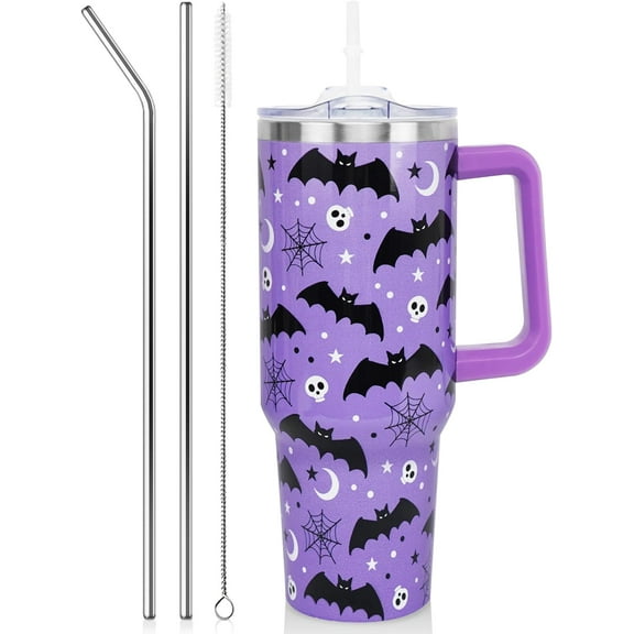 40oz Halloween Tumbler with Handle & Straw - Skull & Bat Design, Insulated Stainless Steel Cup - Great Halloween Gift for Women, Men, Teens, Adults
