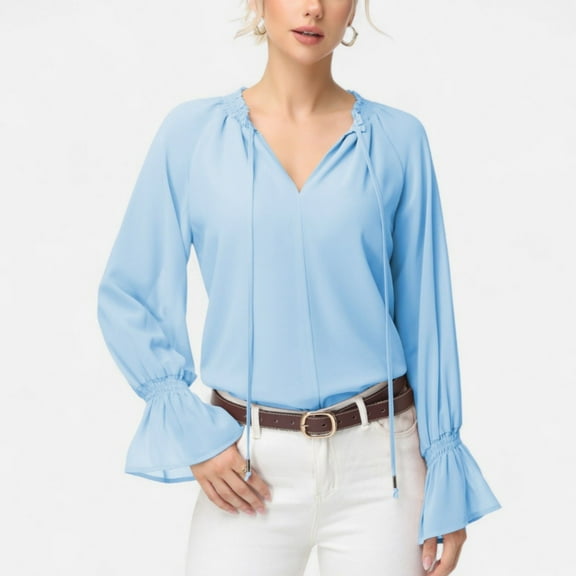Women's Long Sleeve Blouse with Flounce Cuffs and Ruffle Trim Tie Neck Design - X Large, Blue