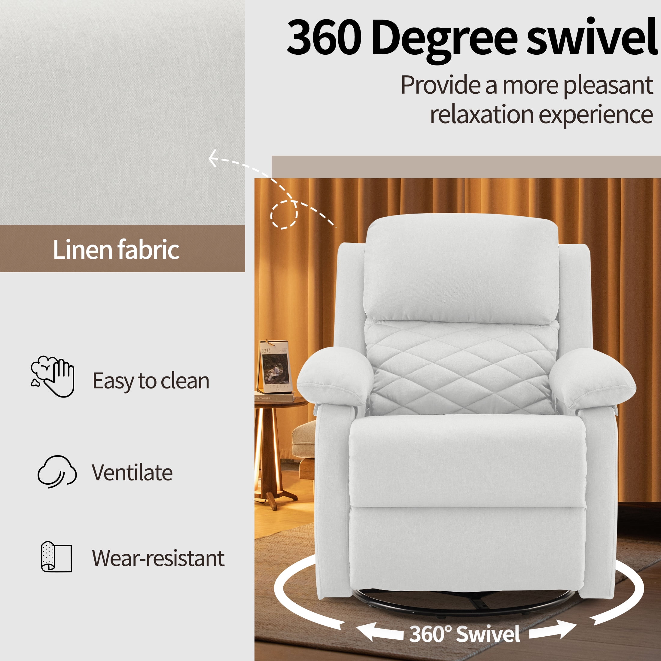 Gelloan 360° Swivel Recliner Chair, Small Rocker Chair for Small Spaces, Upholstered Fabric Glider Recliner Nursery Chair with Side Pockets,White