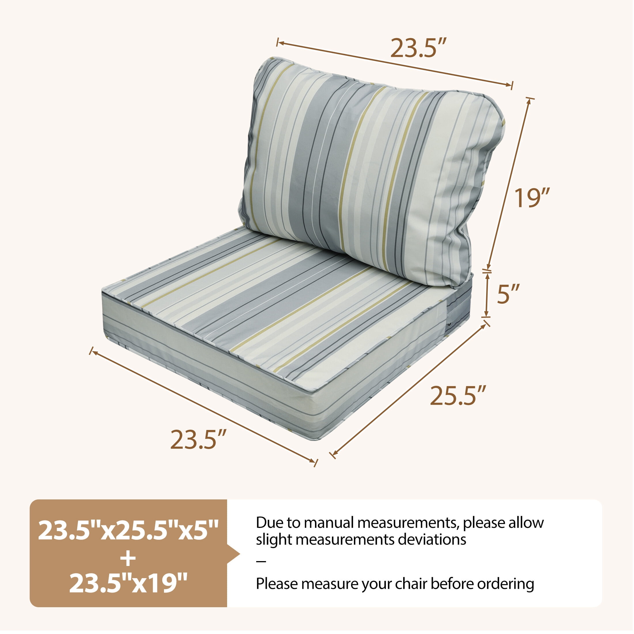 23.5 x 25.5 Waterproof Outdoor Deep Seat Cushion for Patio Furniture Cushion Replacement, Mid Back, Set of 4, Gray Stripes