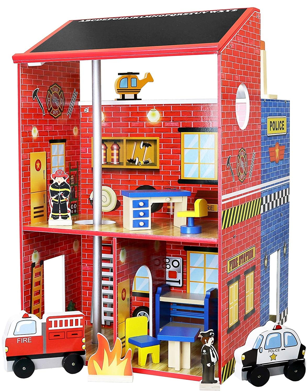 police and fire station wooden play set