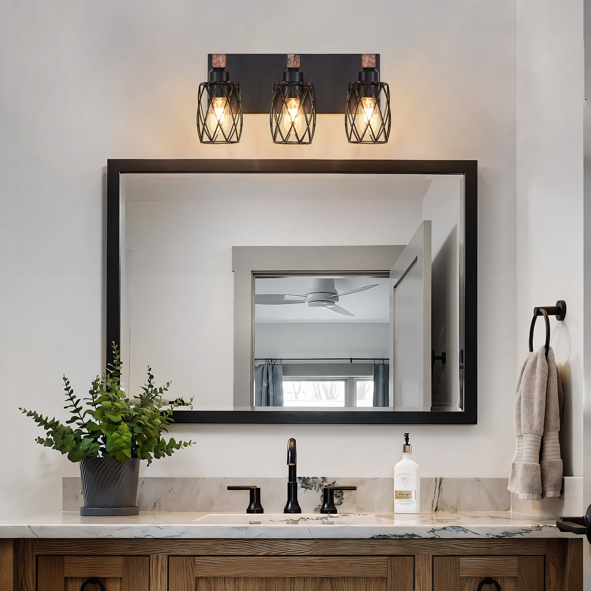 Miniyam 17.5 in. W 3 Lights Vanity Light Industrial Walnut Black Wall Sconce Black Cage Lighting Fixture for Bathroom Over Mirror, E26, No Bulbs Included