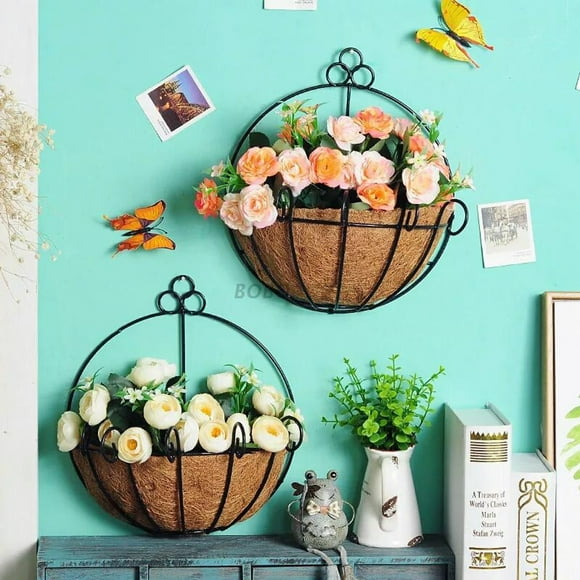 D-GROEE Hanging Plant Baskets with Wicker Rattan Round for Outdoor Flower Pots Planter Holder Wire Metal Porch Decor Hanger Garden Decoration Indoor Outdoor Large Baskets