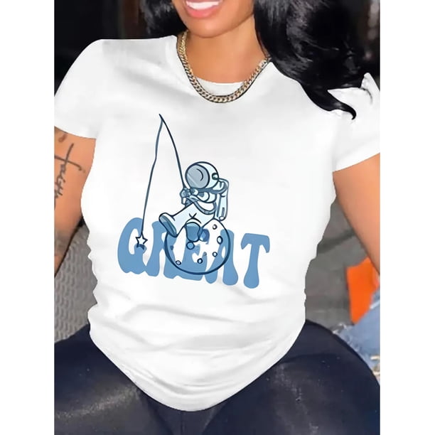 Women's "GREAT" Astronaut Fishing Print Tee - Casual & Sporty Round Neck Short Sleeve, Comfortable Polyester Blend Summer Top