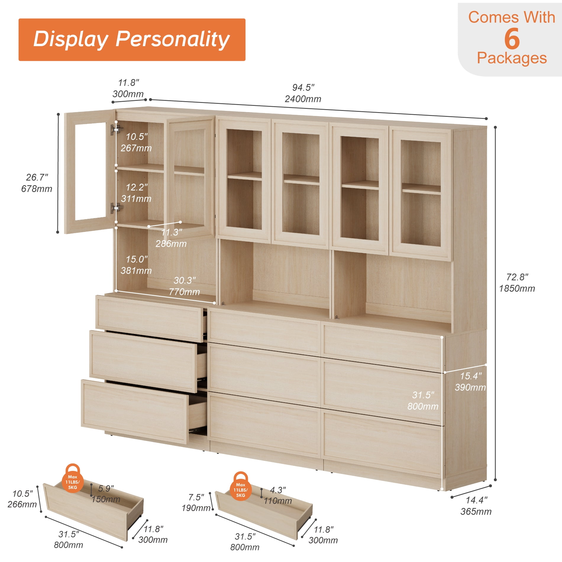 Modern 72" Tall Bookshelf with 9 Drawers and Book Shelves, Library Bookcase with Storage Cabinet and Glass Display Shelves,Beige