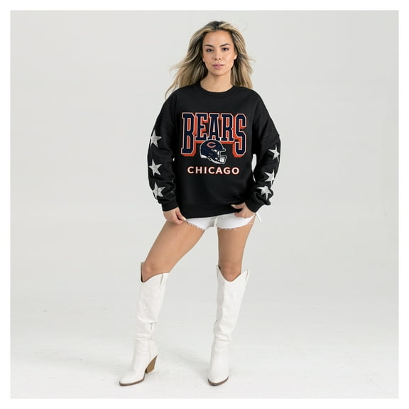 Women's Gameday Couture  Black Chicago Bears Pure Victory Rhinestud Star-Sleeve Pullover Sweatshirt