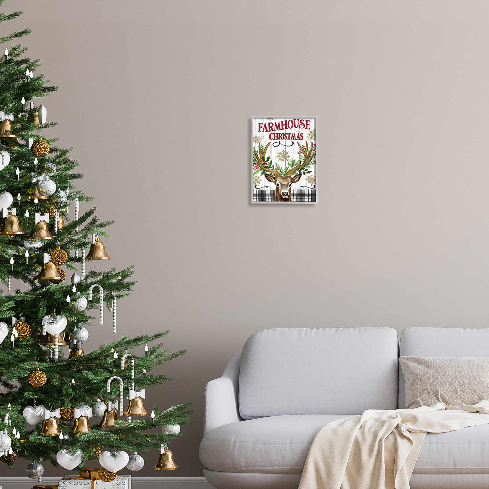 Stupell Industries Farmhouse Christmas with Plaid Holiday Painting Gray Framed Art Print Wall Art, 11 x 14