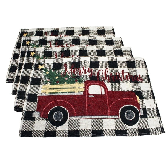 4 Pc Merry Christmas Buffalo Plaid Placemats Kitchen Decor Set - Includes 4 Matching Christmas Placemats with Vintage Truck Carrying A Tree - Comes in an Organza Bag so It's Ready for Giving!