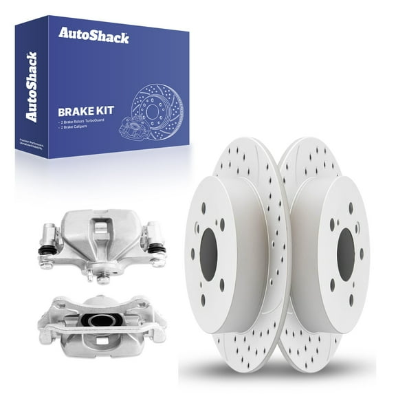 AutoShack Rear Drilled & Slotted Brake Rotors Calipers | Replacement for 2008-2013 Toyota Highlander 2.7L 3.3L 3.5L V6 AWD FWD | Silver Coated | 4-PC Brake Kit | TurboGuard
