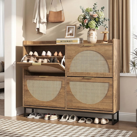 VEANERWOOD Rattan Shoe Cabinet with 4 Flip Drawers, Modern 40 Pair Shoe Storage Cabinet for Entryway with Hidden Golden Handles