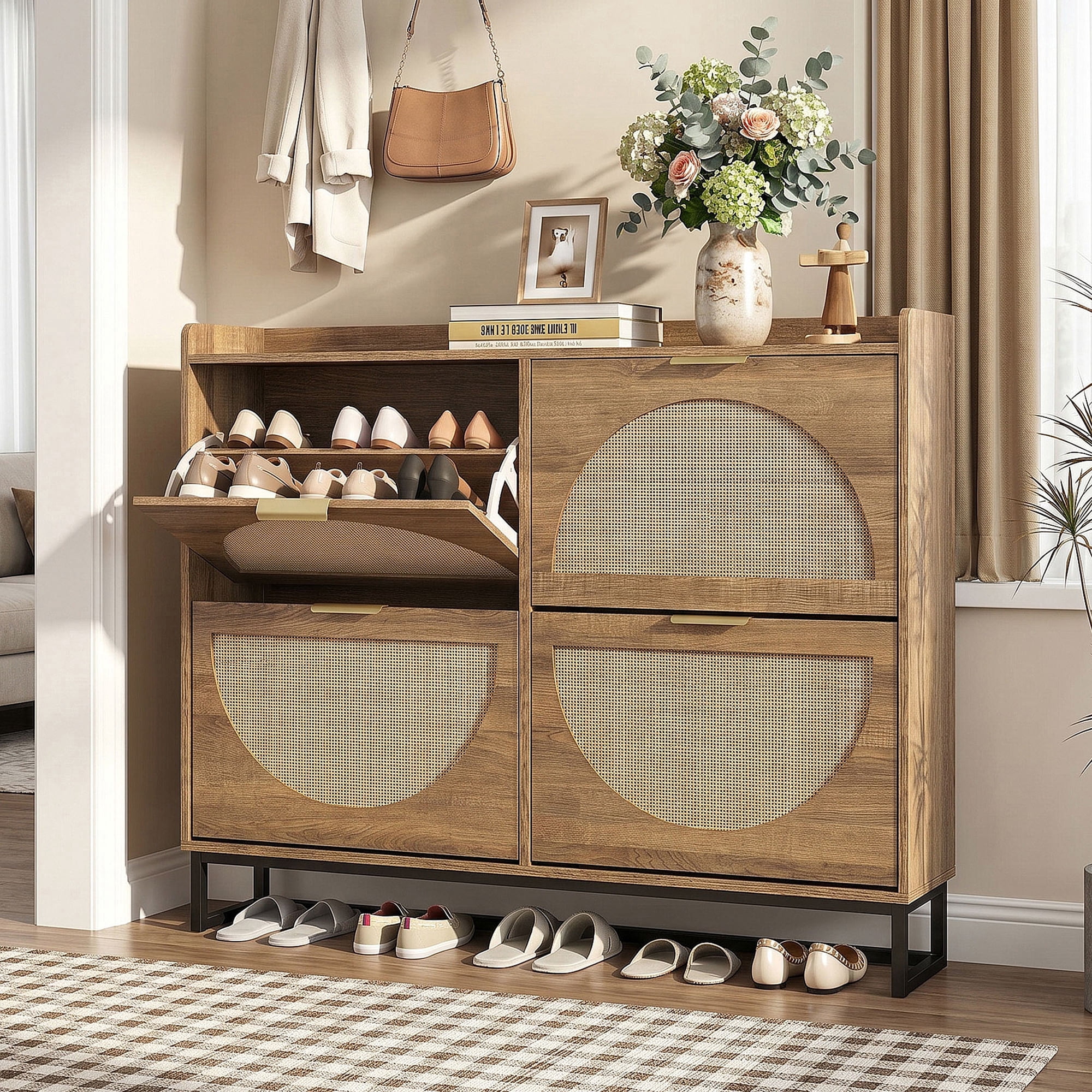 VEANERWOOD Rattan Shoe Cabinet with 4 Flip Drawers, Modern 40 Pair Shoe Storage Cabinet for Entryway with Hidden Golden Handles