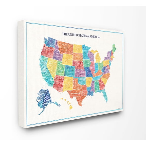 Stupell Industries Farmhouse Bright Multicolored and Lettered US Map Canvas Art, 20 x 16, by Stephanie Workman Marrott