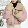 thumbnail image 2 of Women's Fleece Jacket Sherpa Lined Puffer Long Sleeve Button Down Cropped Coat Quilted Fuzzy Warm Winter Coats Outerwear (M, Pink), 2 of 7
