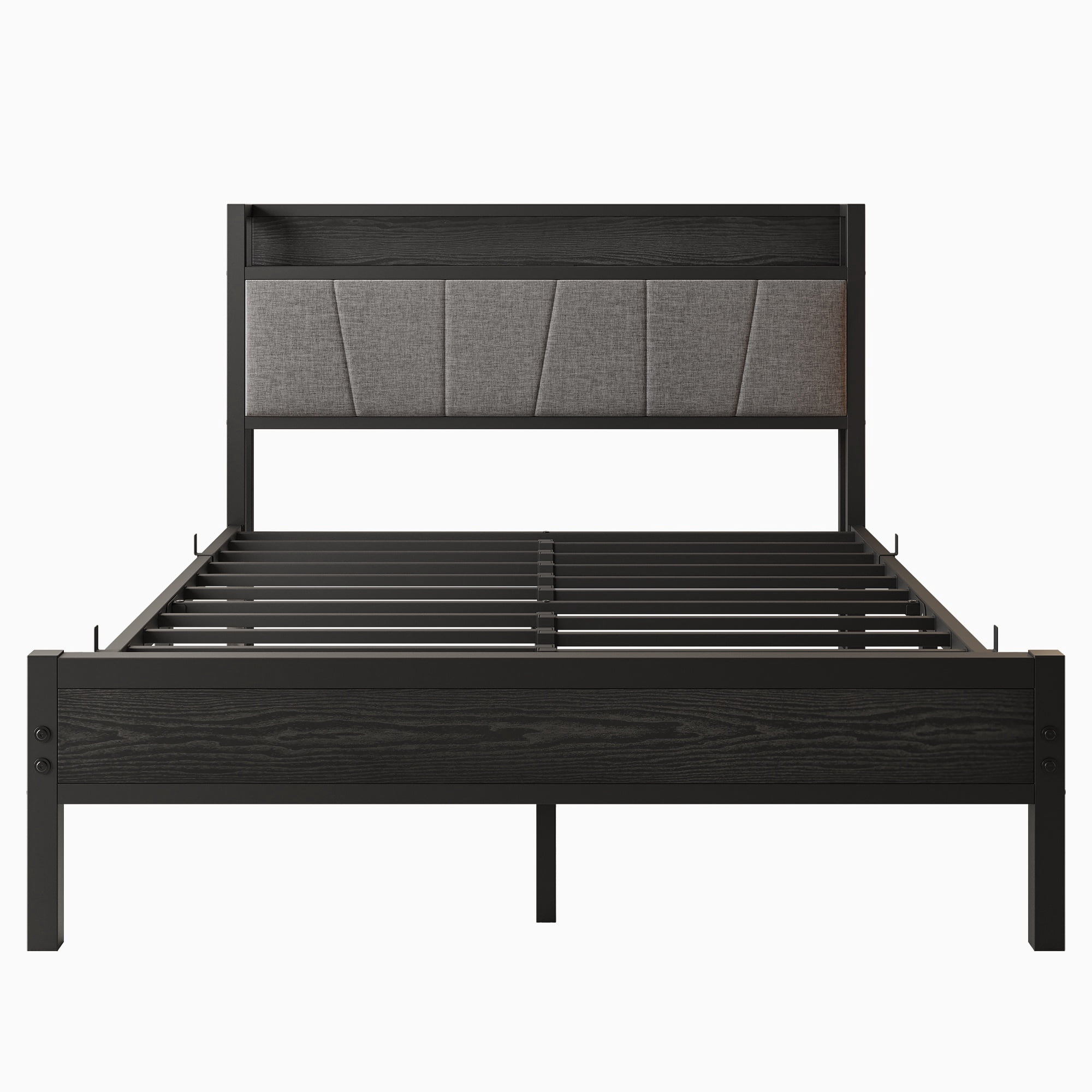 Miniyam Full Size Upholstered Bed with Storage Headboard & Charging Station for Adult, Black