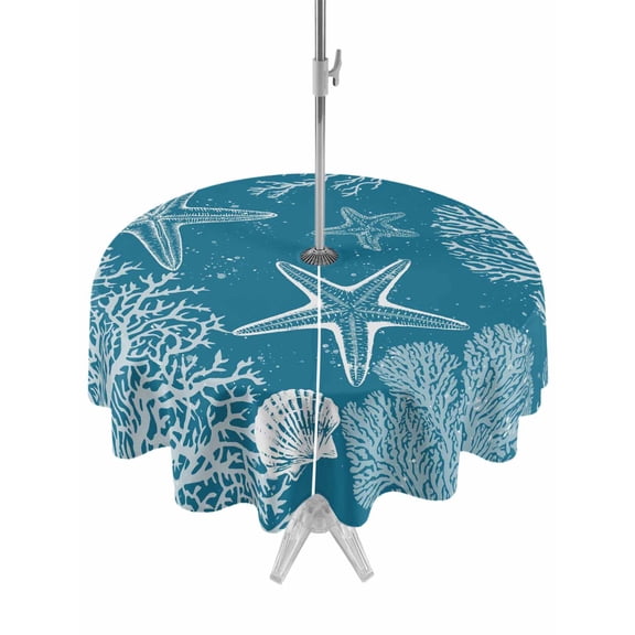 Outdoor Tablecloth with Umbrella Hole for Patio/Picnic/Party/Camping, Blue Coastal Waterproof Table Cloth Round Cover Washable, Starfish Coral Summer Beach Ocean (Dia 60")