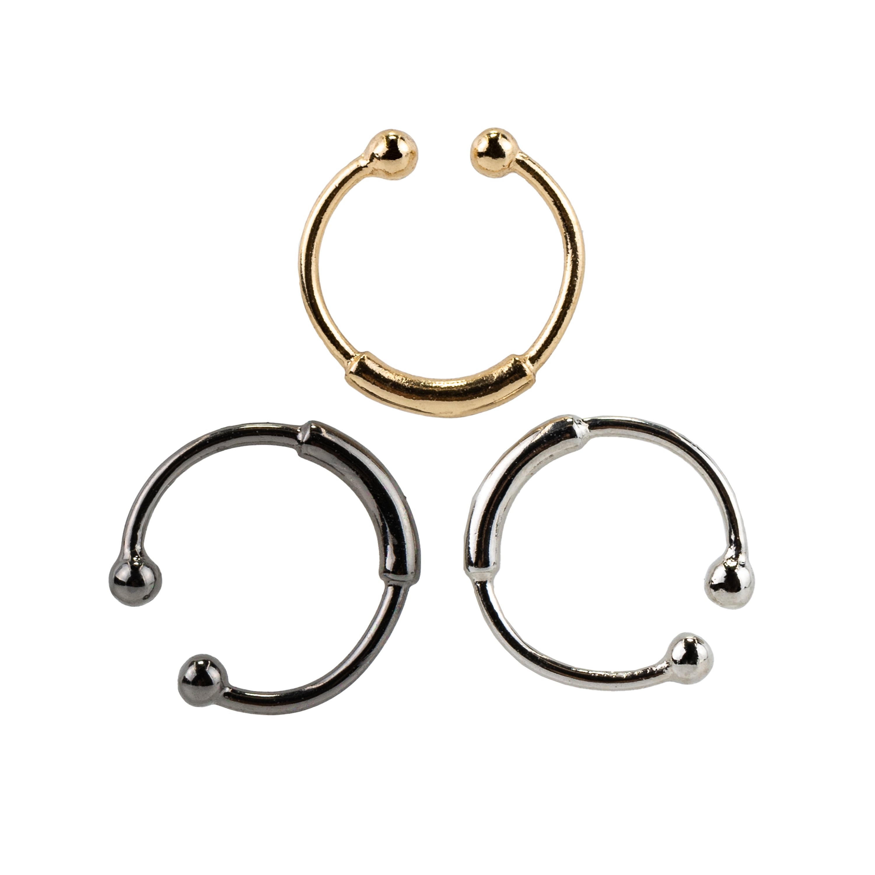Claire's Women's Mixed Metal Barred Faux Hoop Nose Rings, Cuff Closure, 3 Pack, 36055