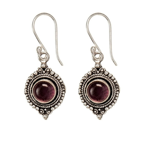 Silver Brass Round Amethyst Gemstone Dot Work Indian Drop Earrings
