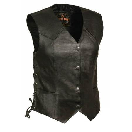 Classic Cowhide Vest - Milwaukee Leather - Womens Classic Leather Side Lace Four Snap Vest - Black - Size Large