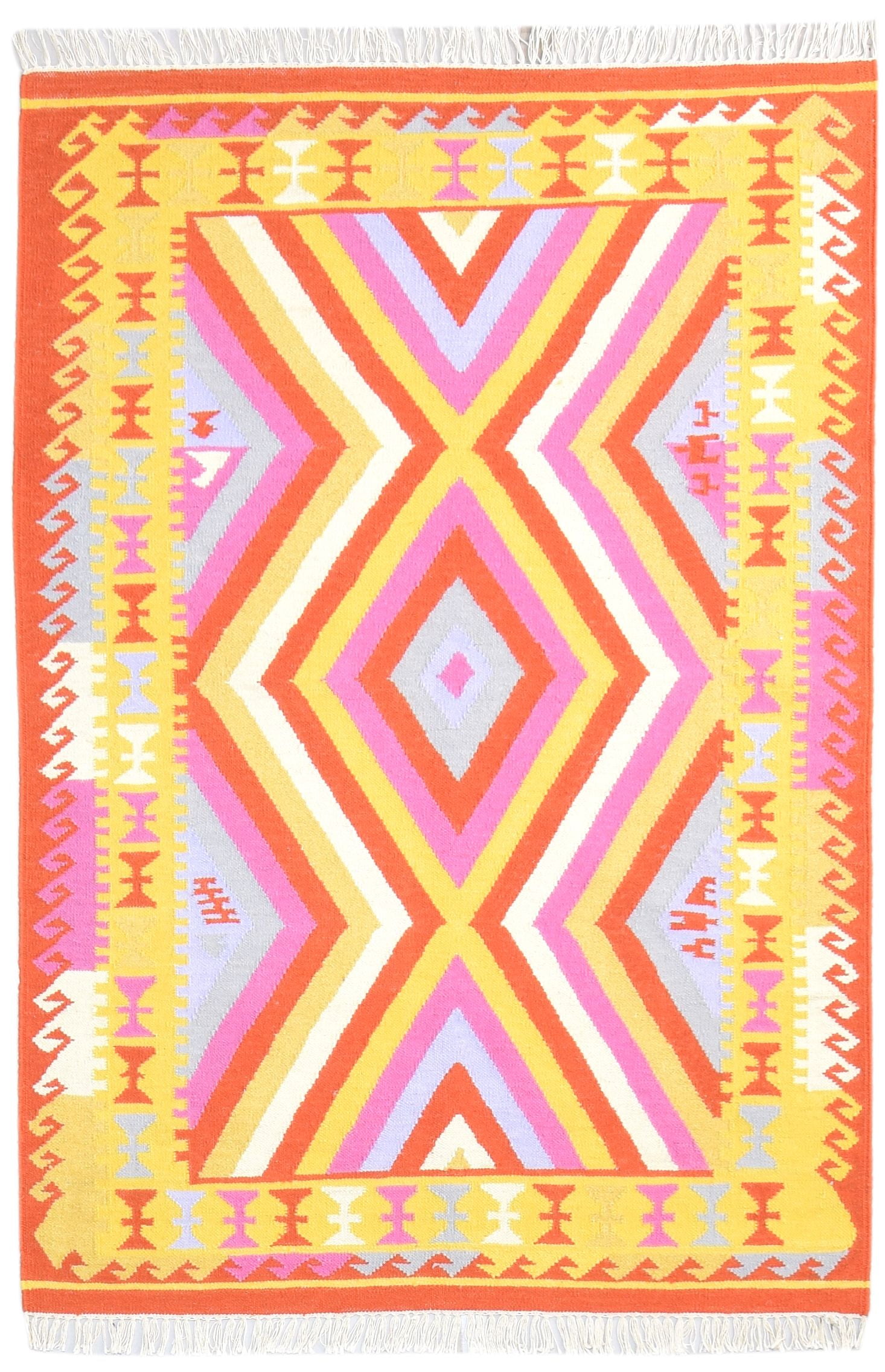 4' X 6' Rug Wool Orange Modern Dhurrie Bohemian Abstract Room Size Carpet