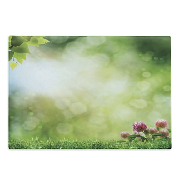 Nature Cutting Board, Fresh Spring Meadow with Blooming Wild Flowers Soft Blurry Morning View, Decorative Tempered Glass Cutting and Serving Board, Large Size, Green Pale Yellow Pink, by Ambesonne