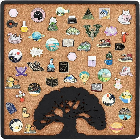 1 pc Square Tree of Life Pin Board Cork Board 11.8x11.8inch Bulletin Display Board Wall Mounted Cork Board with Black Frame for Brooch Pin Storage Display Office Home and School Decor