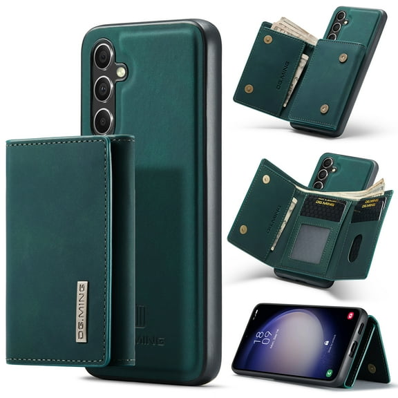 2 in 1 Wallet Case for Samsung Galaxy S24 FE, Retro PU Leather Cell Phone Back Cover Magnetic Detachable with Wallet Credit Card Cash Holder Kickstand for Samsung Galaxy S24 FE, Green