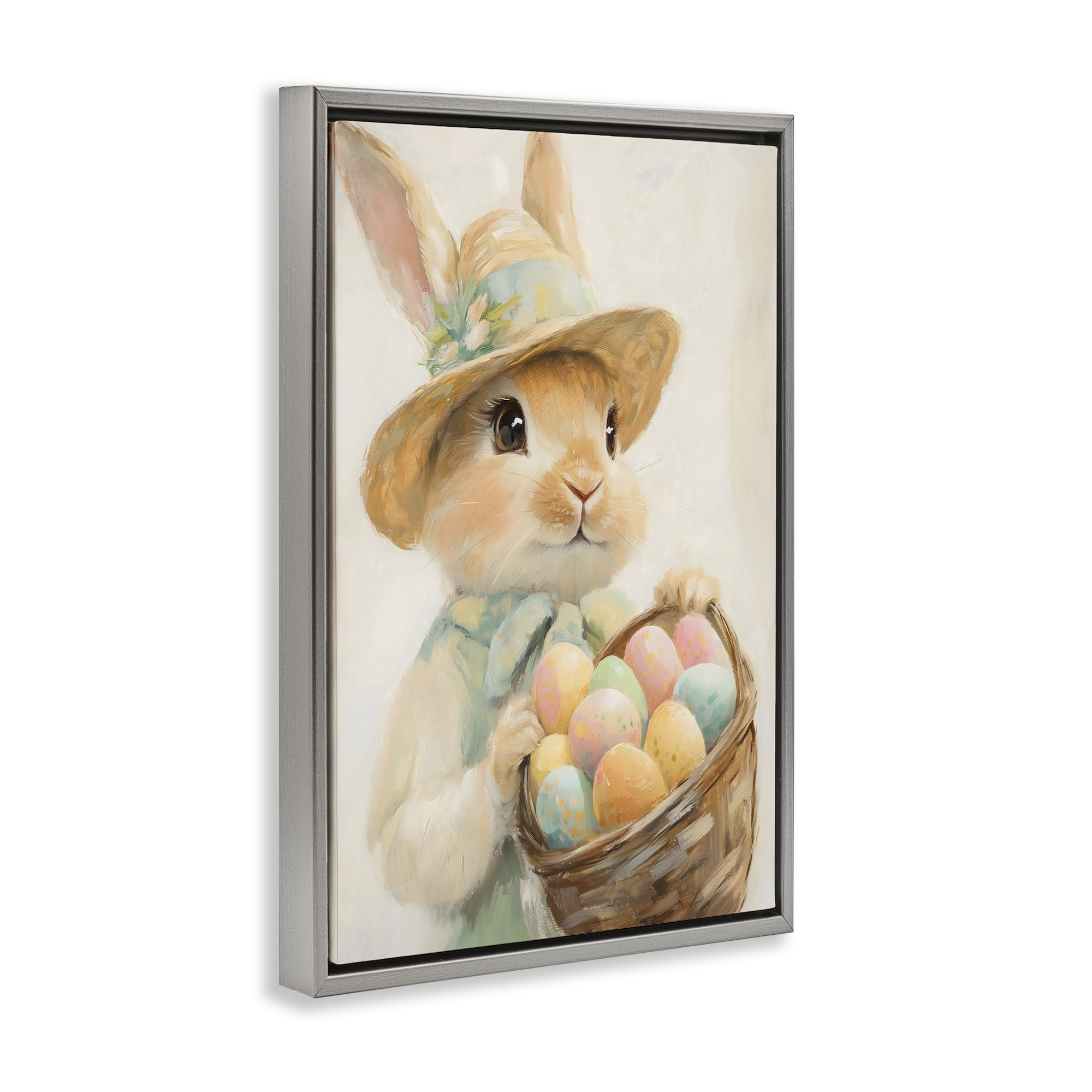 Stupell Industries Easter Egg Basket Rabbit Gray Framed Floater Canvas Wall Art, design by The Prints Vibe