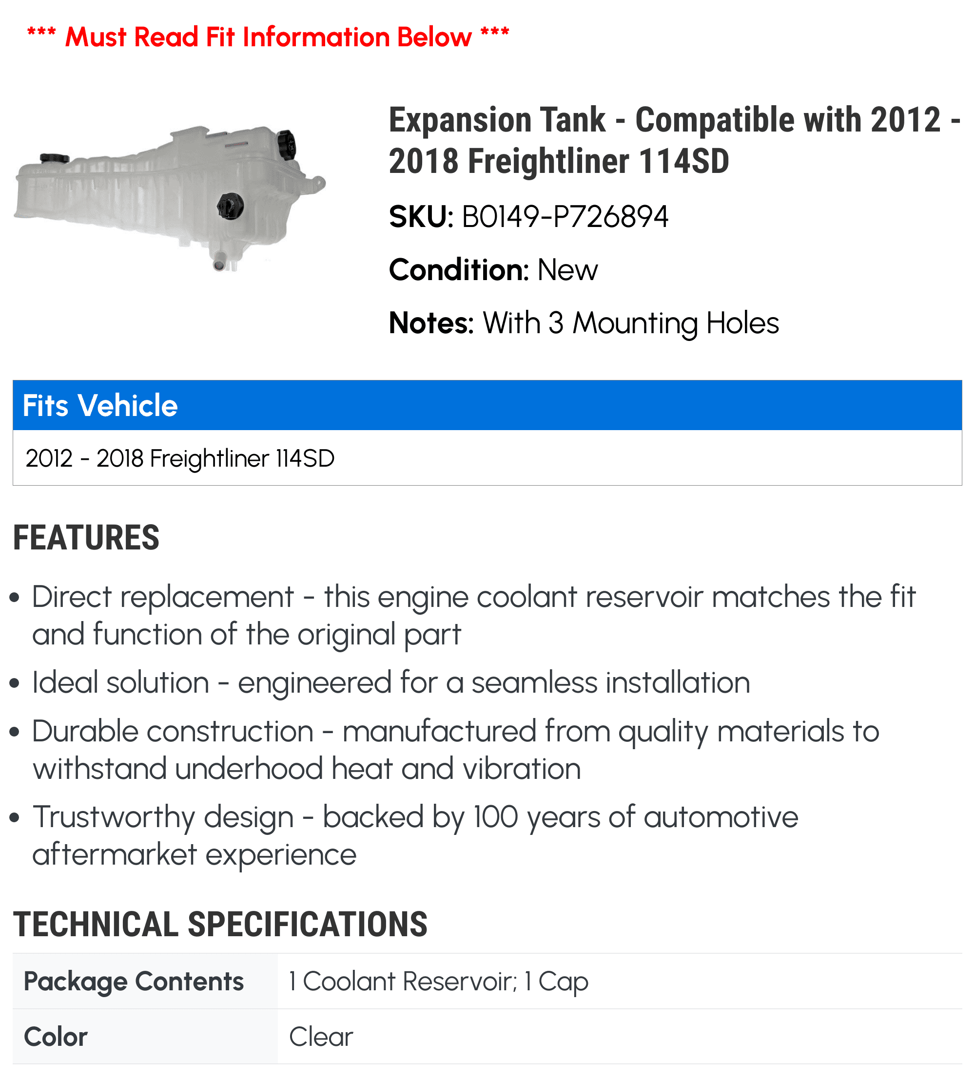 Expansion Tank - Compatible with 2012 - 2018 Freightliner 114SD 2013 2014 2015 2016 2017