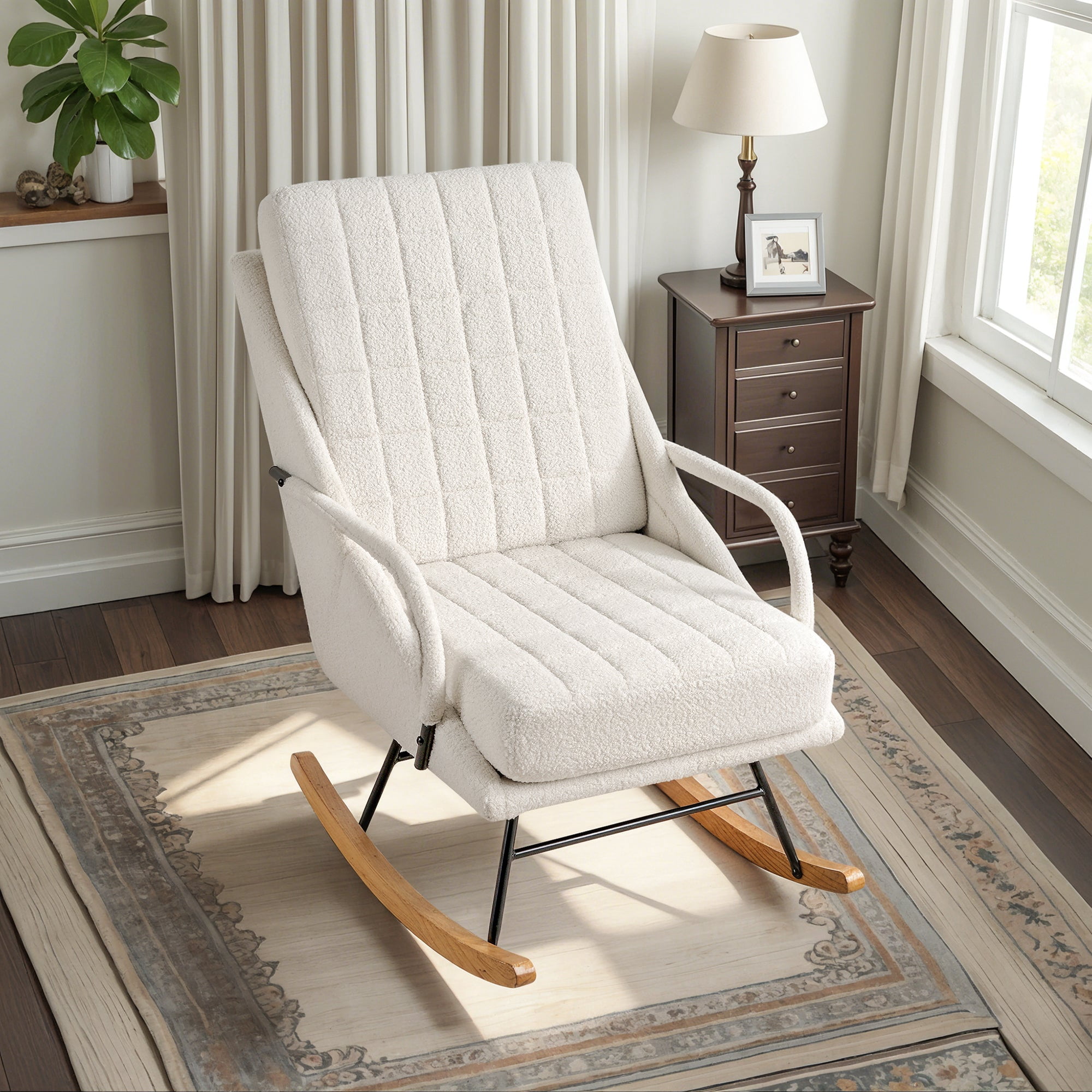 VECELO Nursery Rocking Chair with High Backrest, Teddy Upholstered Comfortable Rocker with Padded Seat for Living Room, Bedroom, White