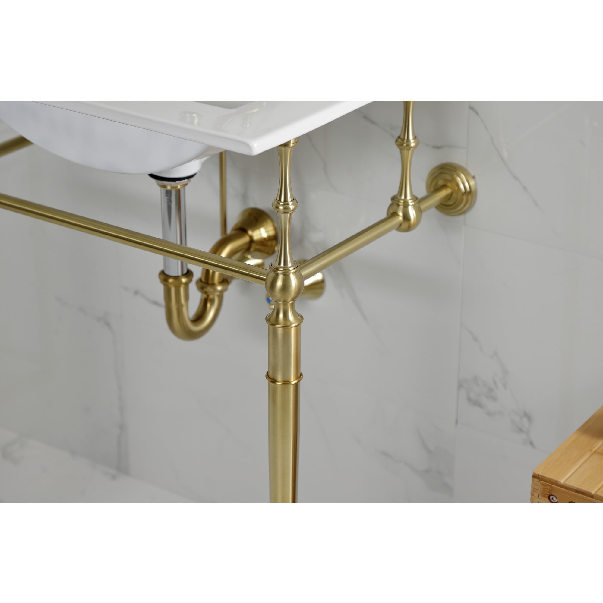 Kingston Brass KVPB24187W1BB Edwardian 24" Ceramic Console Sink with Brass Legs (1-Hole), White/Brushed Brass