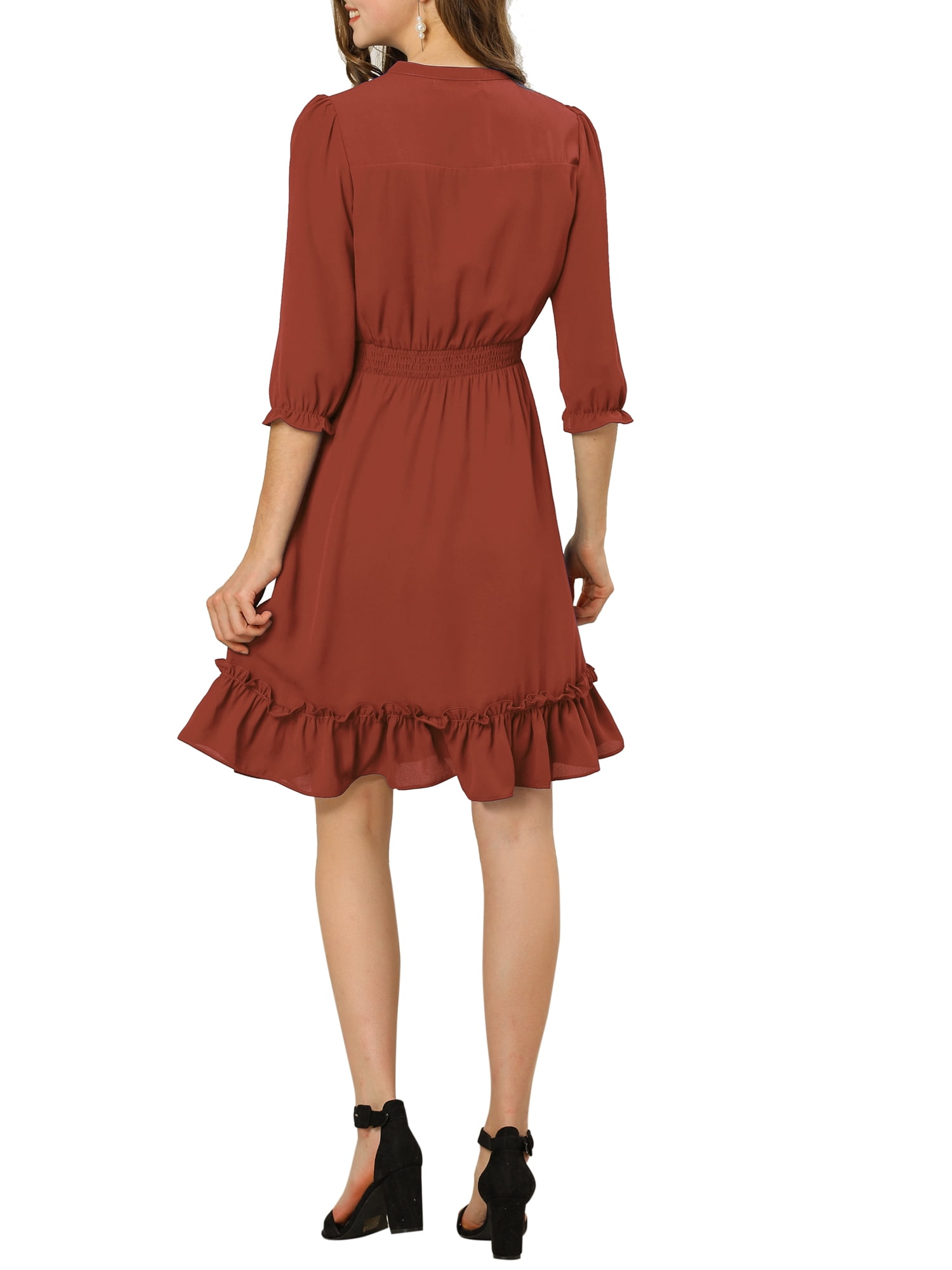 DARING DIVA Tie V Neck Chiffon 3/4 Sleeve Smocked Mini A-Line Dress L Candy