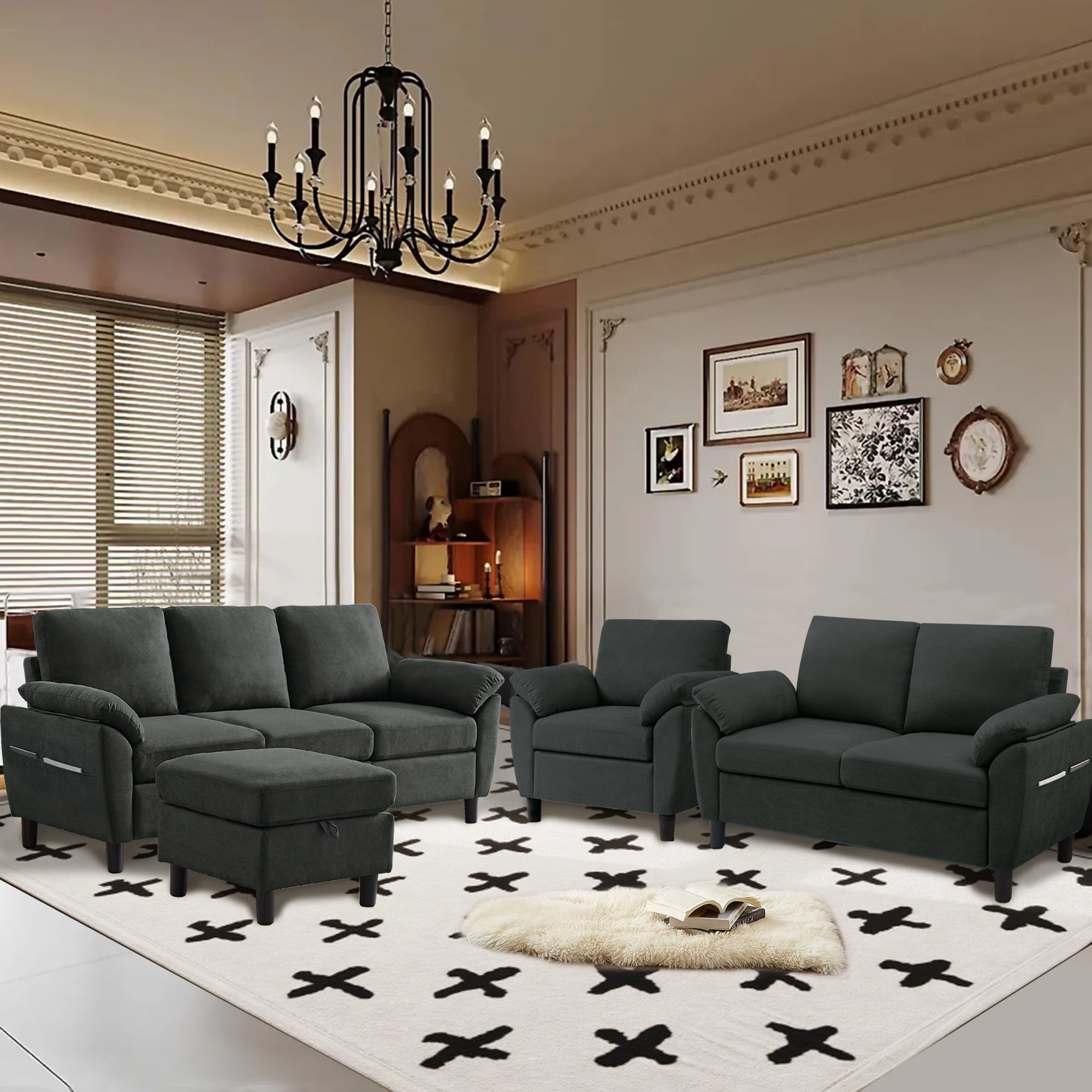 Jarenie Chireca 4 Piece Convertible Sectional Sofa Set, Modern Linen Small L Shaped Couch with Reversible Chaise, 3-Seater Sofa & Loveseat & Armchair for Living Room, Office, Apartment, Black