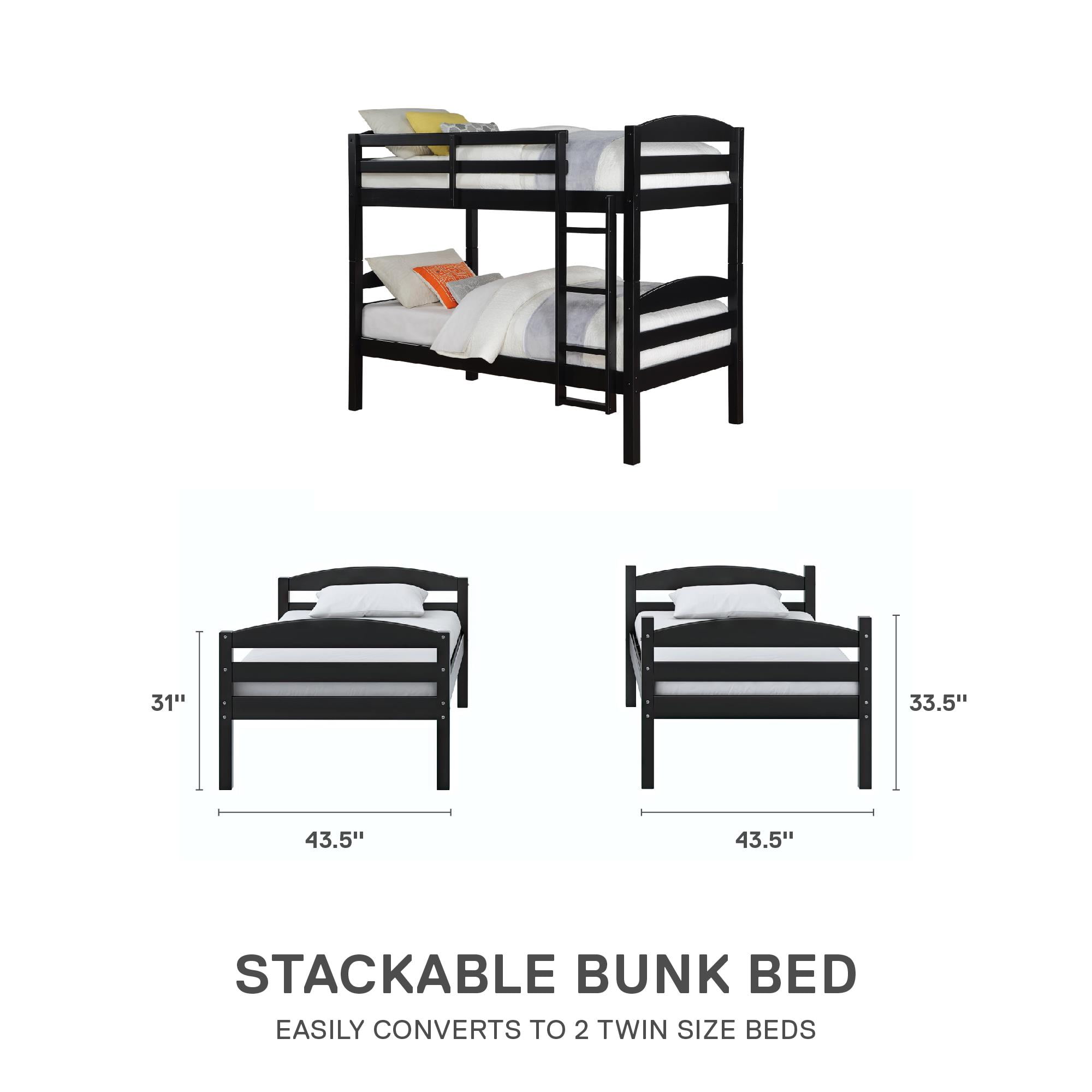 Better Homes Gardens Brandclub Better Homes Gardens Leighton Kids Solid Wood Twin over Twin Convertible Bunk Bed with Ladder and Guardrails Black
