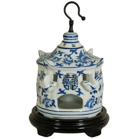 Oriental Furniture Bird Cage with Blue Floral Design in White