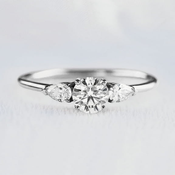 SOLITAIRE JEWELS 1ct Moissanite Engagement Ring Round and Side Pear Diamond Three stone Engagement Ring Past Present Future Ring Dainty Promise Ring for Her