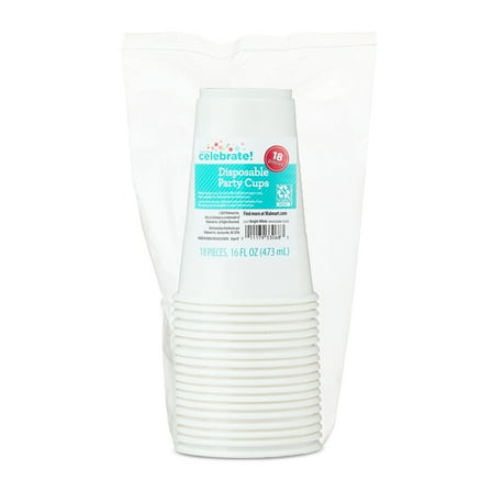 Plastic Disposable Party Cups, Bright White, 16 oz, 18 Pieces, by Way To Celebrate