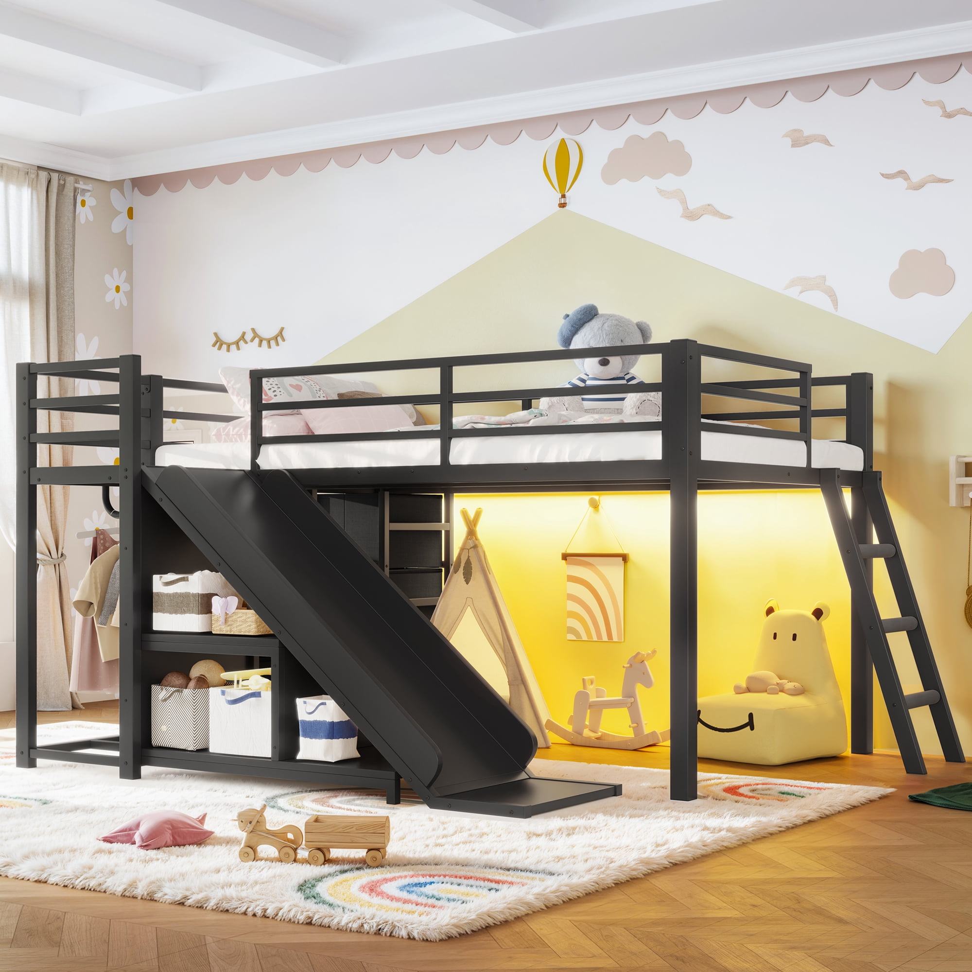Leumius Twin Size Metal Loft Bed with Slide & Ladder, Metal Loft Bed with Storage Drawers and Hanging Area, LED Lights,Black