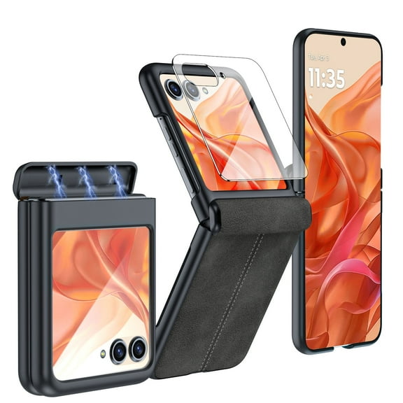 Yosen For Motorola Razr 2025 Case, with Built-in Screen Protector & Hinge Protection & Ultra Thin PU Leather Matte PC Shockproof Phone Cover Smartphone Case for Moto Razr 2025(Black)