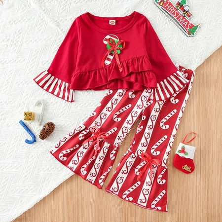 

FZM Christmas Xmas Toddler Kids Child Baby Girls Long Ruffled Sleeve Striped Blouse Tops Cartoon Print Bell Bottomed Pants Trousers Christmas Outfits Set 2PCS Clothes