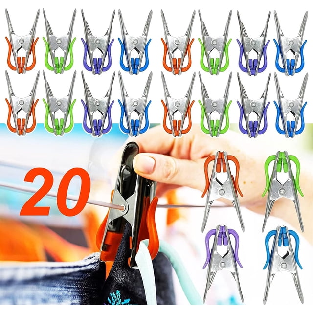 Clothespins with Hooks, Heavy Duty Colorful Outdoor Clothes Pins for Hanging and Clipping Laundry and Clothes, Multicolor Anti-Rust Spring Hanger Clips - 20PCS【Upgraded Super-Powerful Locking Model】