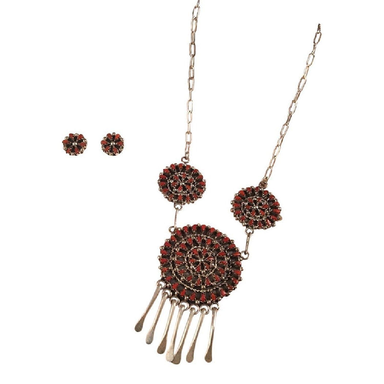 Tricia Leekity Zuni Coral Sterling Silver Petit Point Necklace Earring Set by Unbranded